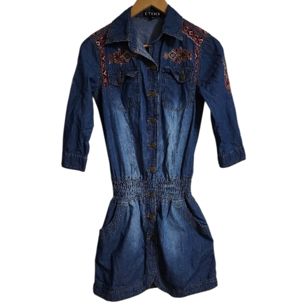 ITOO Denim Shirt Dress Size S Embroidered Western Style Button Front Cotton Blue - Picture 4 of 7